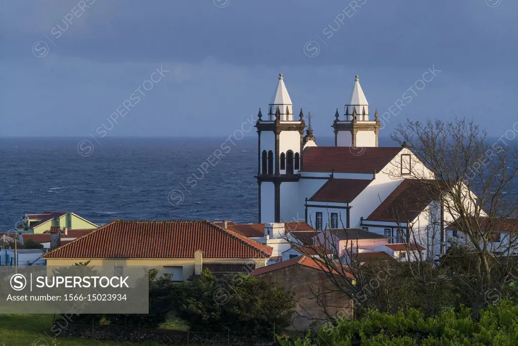 Portugal, Azores, Terceira Island, Sao Mateus da Calheta, town church, elevated view.