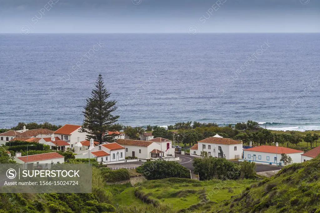 Portugal, Azores, Santa Maria Island, Anjos, place where Christopher Columbus made landfall after discovering the New World, elevated town view.