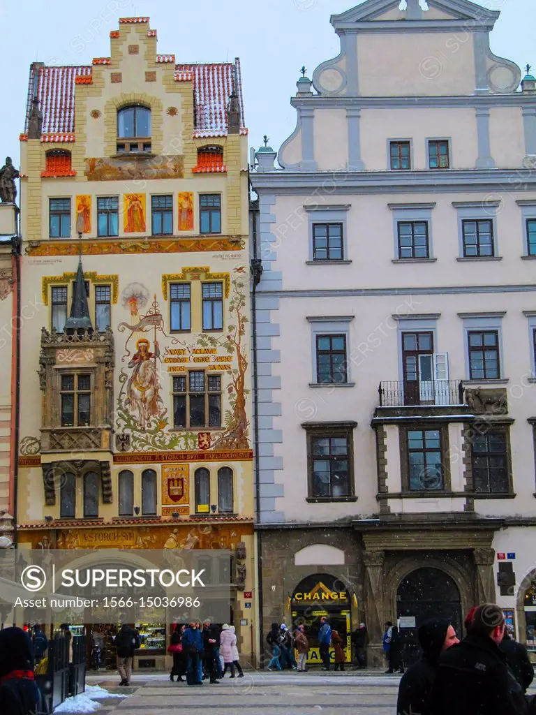 House with holy Wenzel, Fresco painting in 16 Old town square. Prague, Czech  Republic. - SuperStock