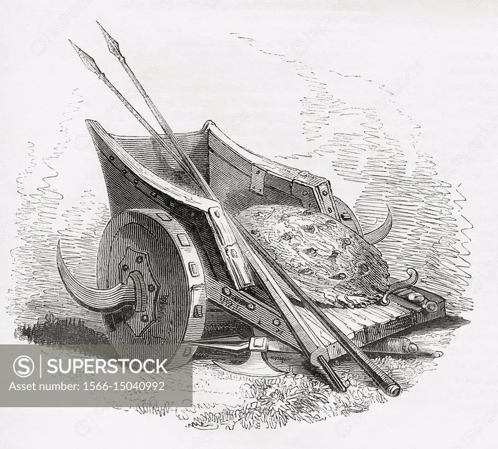 Ancient British war chariot with scythed blades coming out from the wheels. Shield and spears resting on top. From Old England: A Pictorial Museum, pu...