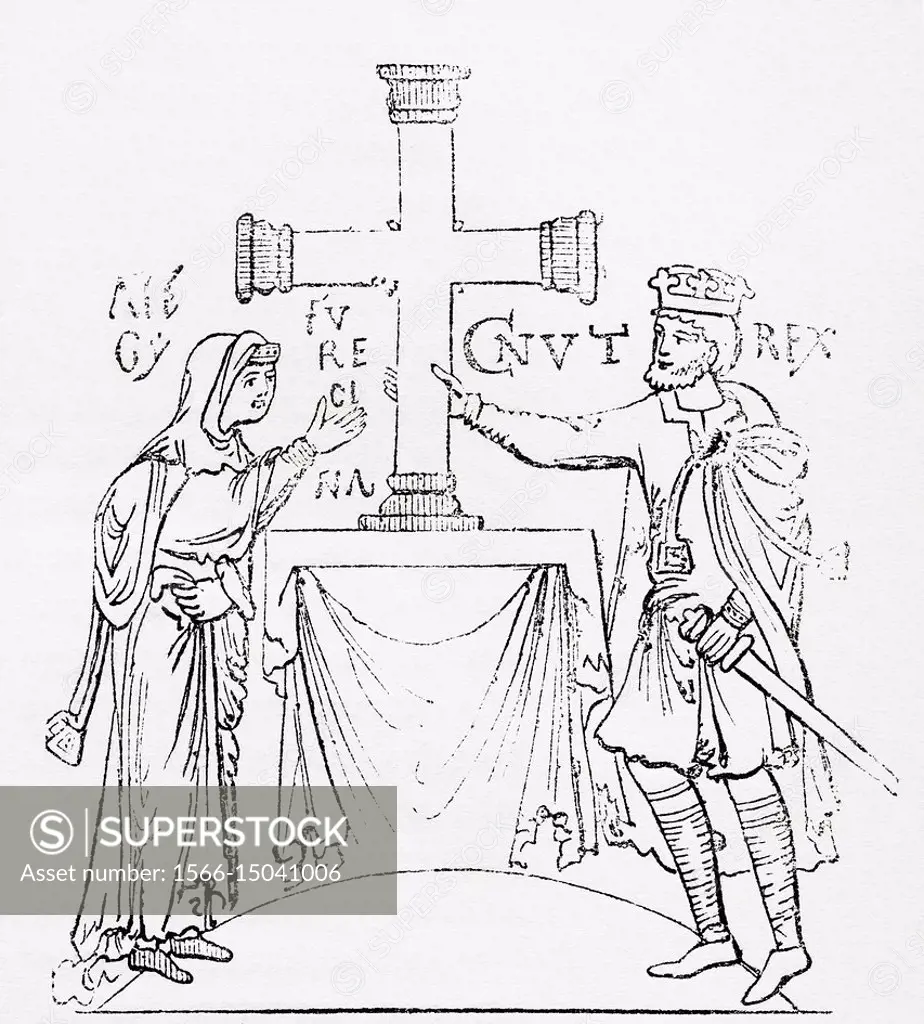 Cnut the Great and his queen Ælfgifu of Northampton. Cnut the Great, c. 995 - 1035, aka Canute. King of Denmark, England and Norway. Ælfgifu of Northa...