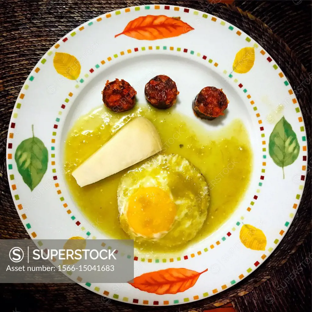 A Fried Egg In Green Sauce Cheese And Sausage In A Plate In A Home In Coyoacan Mexico City 7908