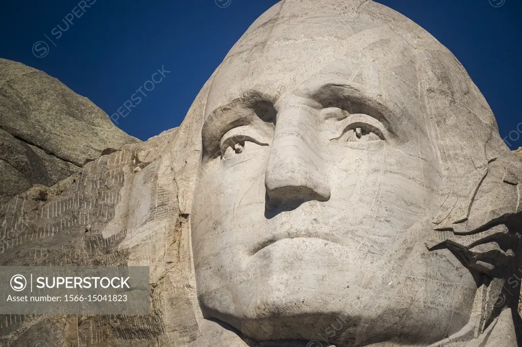 Close-up of the granite sculpted face of President George Washington. Mount Rushmore National Memorial, Black Hills, Keystone, South Dakota, U. S. A. ...