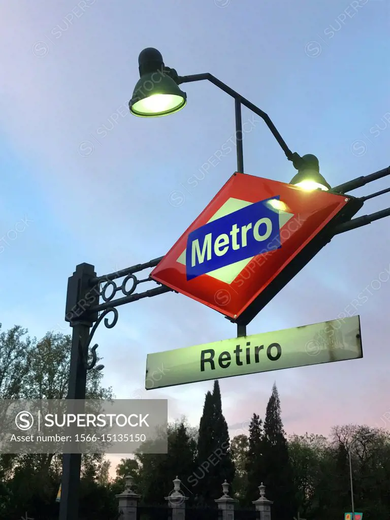 Metro Retiro station, night view. Madrid, Spain.