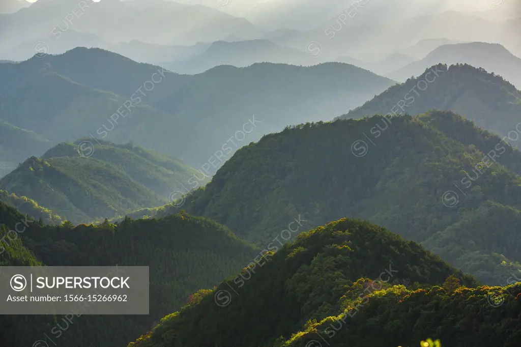 Kumano Kodo Kumano Kodo pilgrimage route. Sacred Kumano Mountains from Hyakken-gura lookout point. Between Hongu and Nachi areas. Wakayama Prefecture....