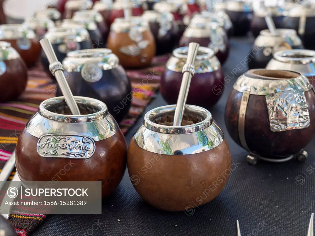 Bombilla and gourd for drinking mate. Plazoleta Julio Cortazar also called Plaza Serrano in quarter Palermo. Buenos Aires, the capital of Argentina. S...