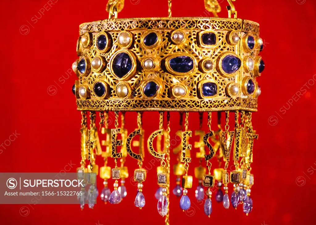 Detail of a votive crown from Visigothic Spain, before 672 AD. Part of the Treasure of Guarrazar offered by Reccesuinth. Out of view are chains for su...
