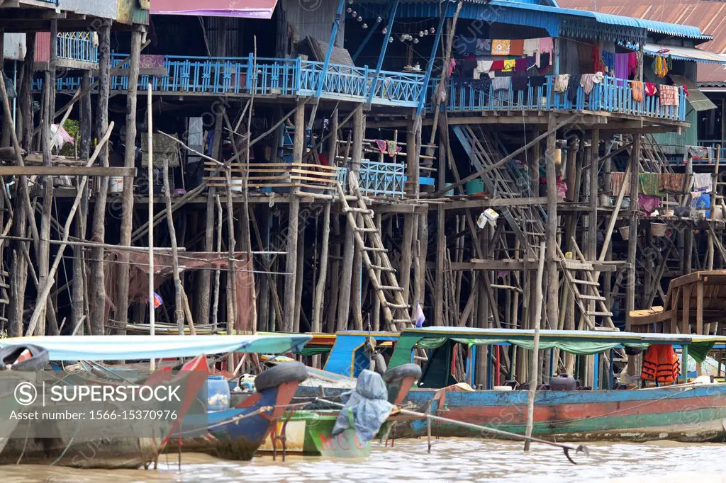 Floating village of Kompong Phluk, with its houses raised to 8 meters high built on wooden piles, so that they do not flood when the rainy season arri...