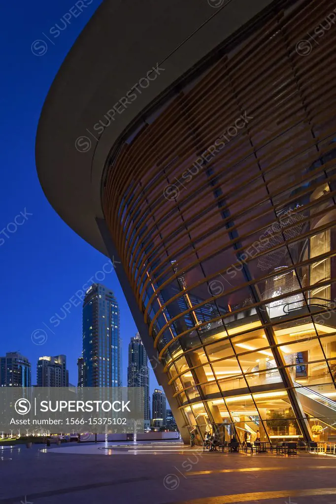 The Dubai Opera House at twilight, designed by the Architects Atkins, Downtown Dubai, Dubai, Dubayy, United Arab Emirates.
