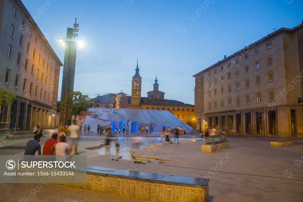 Plaza del Pilar, night view. Zaragoza, Spain.