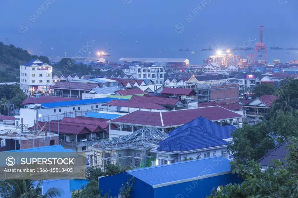 Cambodia, Sihanoukville, high angle city skyline, dawn.