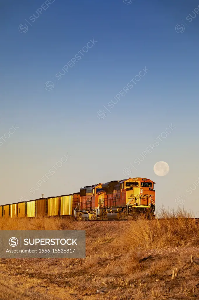 Cairo, Nebraska - A BNSF coal train in the sand hills of Nebraska. Each day, as many as 100 coal trains, each about a mile long, deliver coal from Wyo...