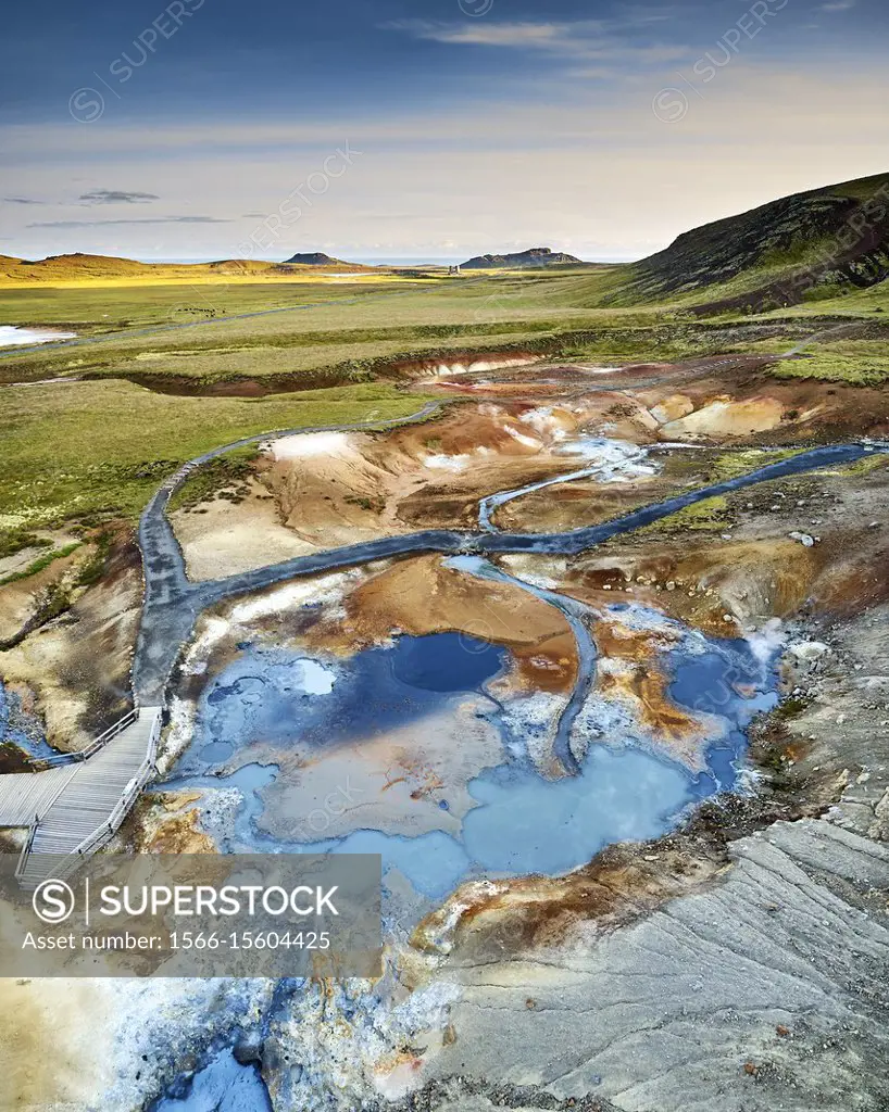 Seltun, Geothermal Area, Krysuvik, Iceland. . Geothermal area bubbling with hot springs, mud pots, and solfataras.