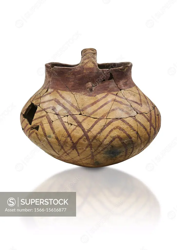 Chalcolithic decorated terra cotta basket pot. Circa 5000BC. Catalhoyuk collection, Konya Archaeological Museum, Turkey. Against a white background.