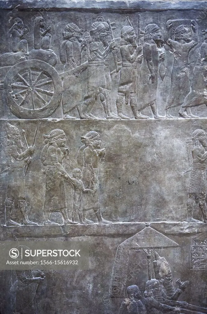 Stone relief sculptured panel of prisoners from the campaign of Elam. From the palace of Ashurnasirpal II room VI/T1, Niniveh, circa 645 BC. inv 19908...