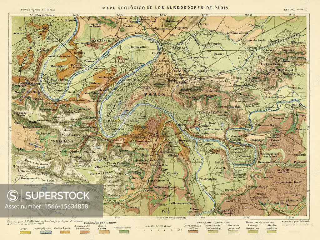 Antique 19th century color map of a surrounding geological map of Paris, France Europe. Old 19th century engraved illustration image from the book New...