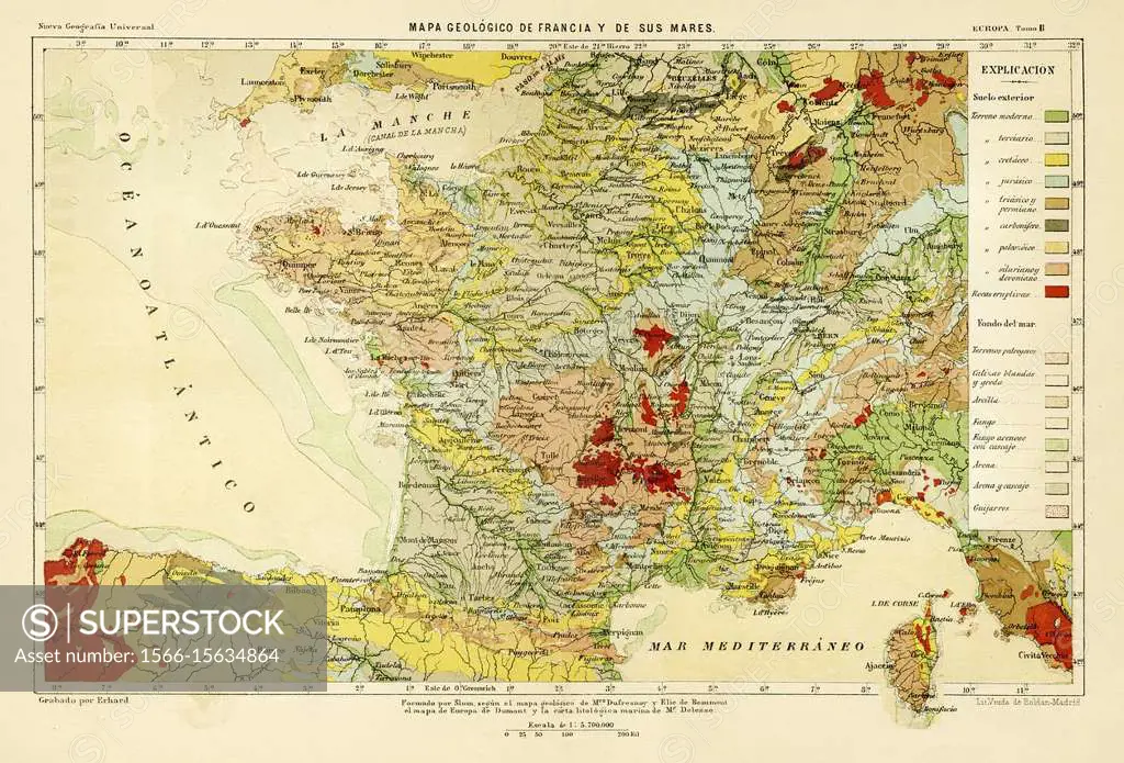 Antique 19th century color map of a geological map of France and surrounding Europe. Old 19th century engraved illustration image from the book New Un...