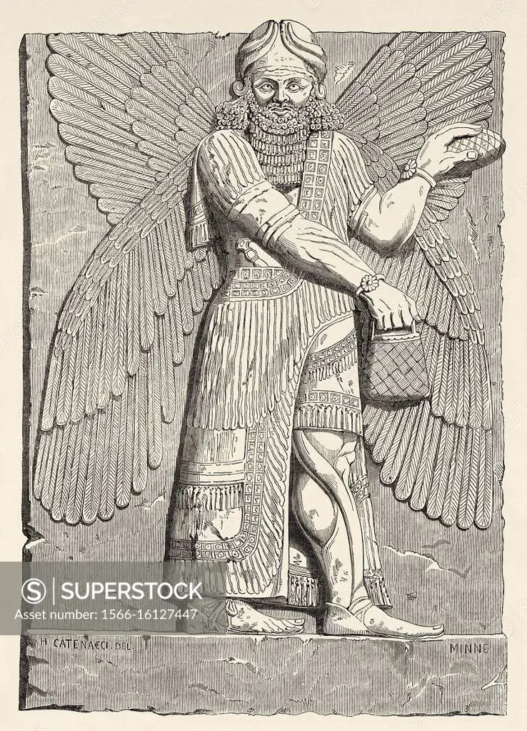 Stone relief carved panel of a Genius blessing. Dur Sharrukin, the palace of the Assyrian king Sargon II in Khorsabad. Old 19th century engraved illus...