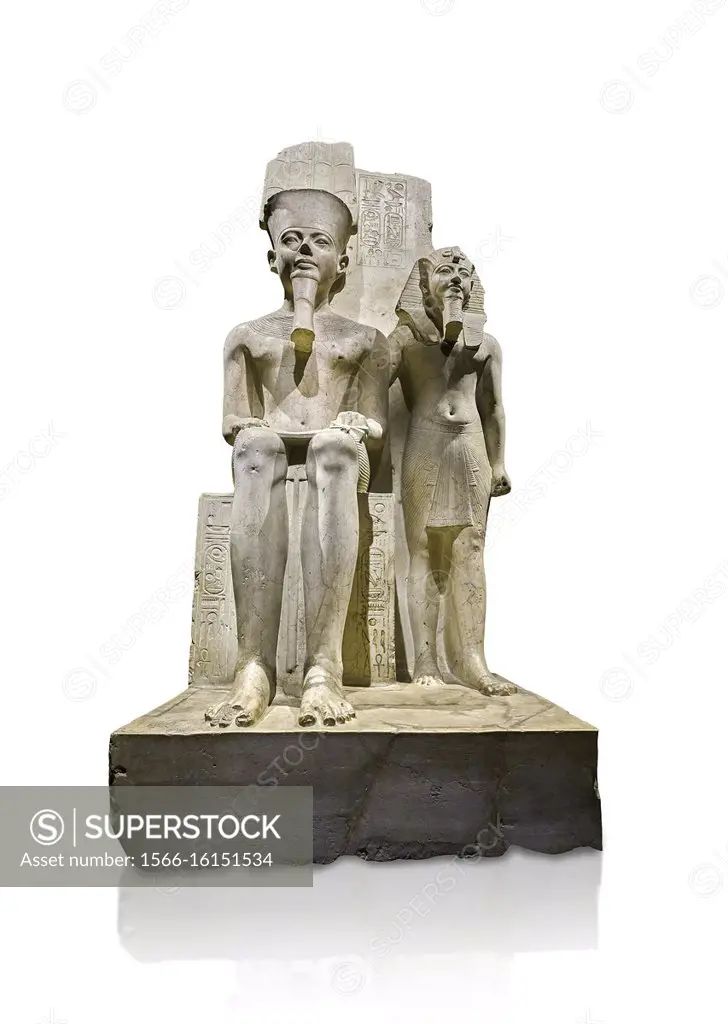 Ancient Egyptian statue of pharaoh Horemheb with god Amun, limestone, New Kingdom, 18th Dynasty, (1319-1292 BC). Egyptian Museum, Turin. white backgro...