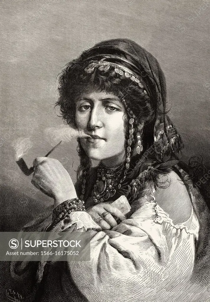 Gypsy smoking a pipe who divines the future by reading the tarot cards, 19th century painting by the painter Vastag. Old 19th century engraved illustr...