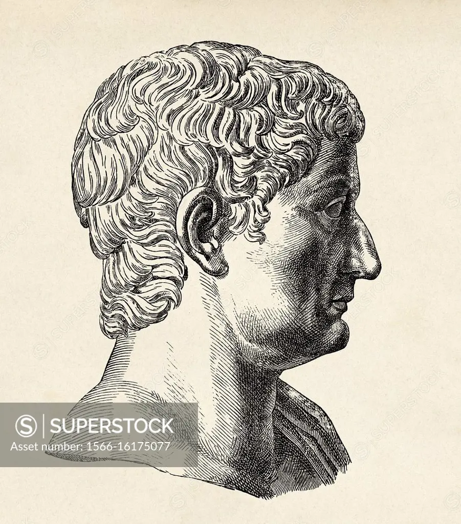 Portrait of Roman Emperor Tiberius Caesar Augustus (Tiberius Claudius Caesar Augustus Germanicus Nero), Ancient Rome. Old 19th century engraved illust...