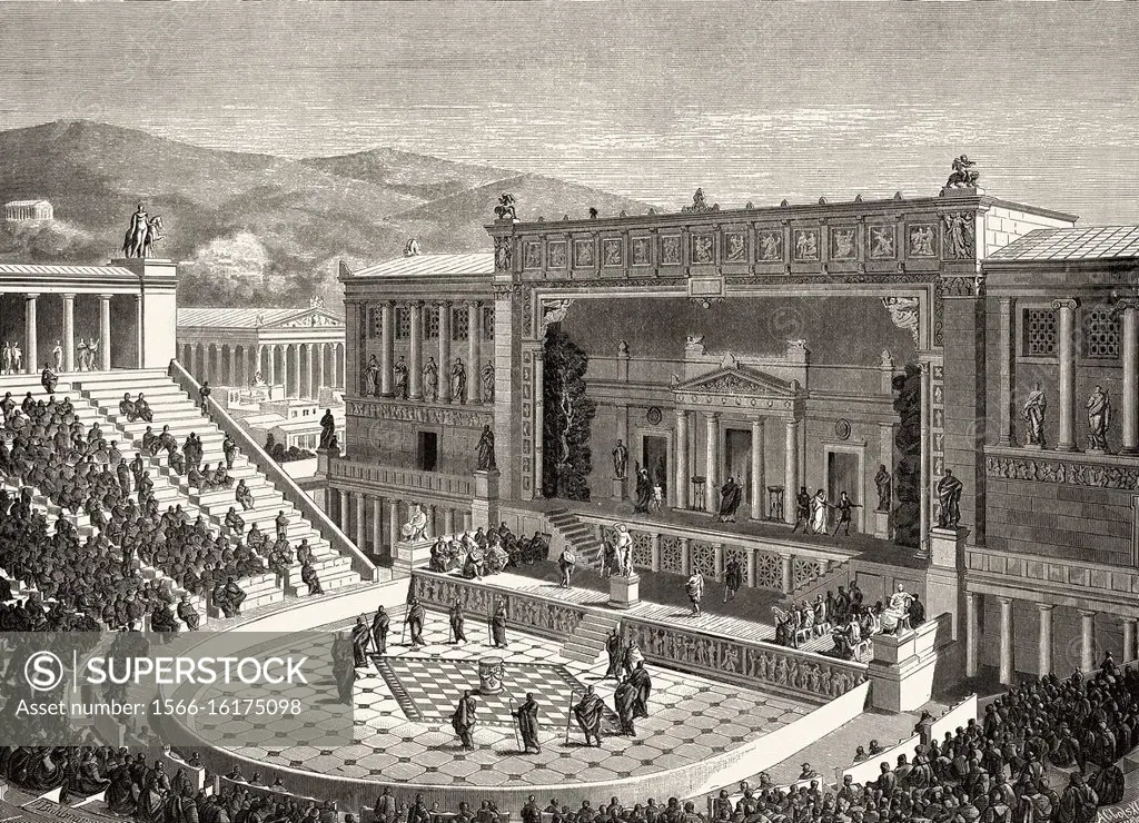 Artistic recreation Theatre of Dionysus, on the slopes of the Acropolis, Athens, Ancient Greece. Old 19th century engraved illustration, El Mundo Ilus...