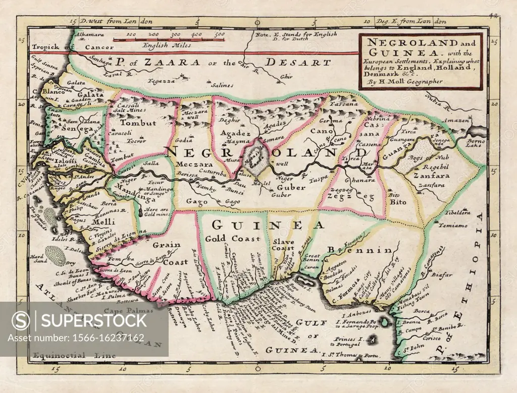 Negroland and Guinea, with the European settlements, explaining what belongs to England, Holland, Denmark etc. By H. Moll, Geographer. From an atlas p...