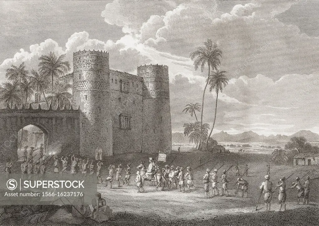 Castle of the Sultan of Aden at Lahej, Sultanate of Lahej, in the early 19th century. After an engraving by Charles Heath from a work by Henry Salt.