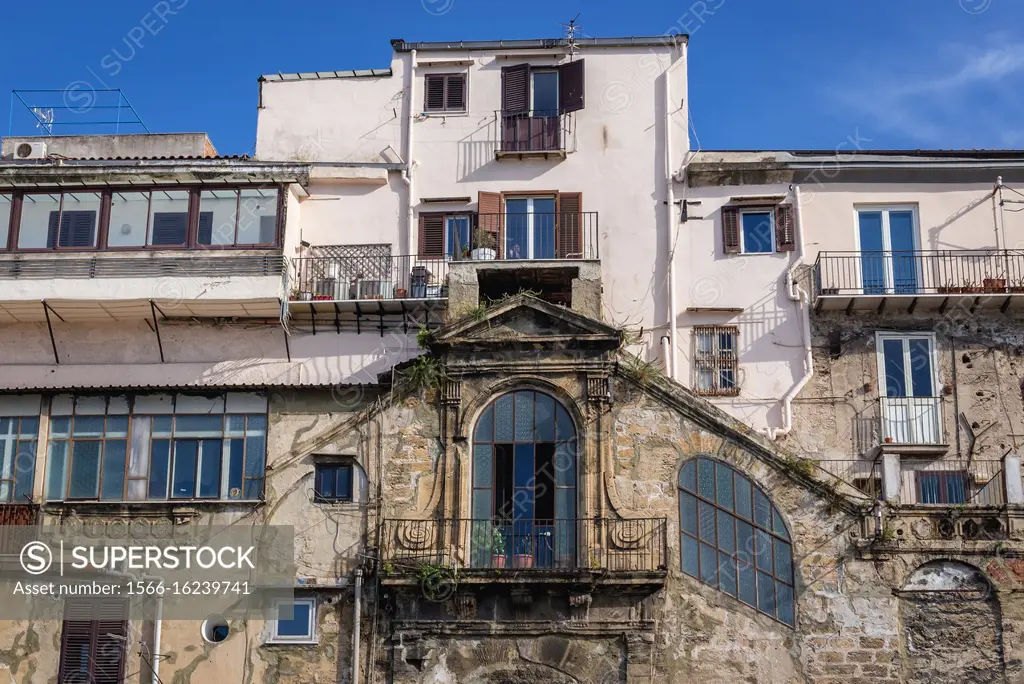 Houses in La Cala area of Port of Palermo city of Southern Italy, the capital of autonomous region of Sicily.