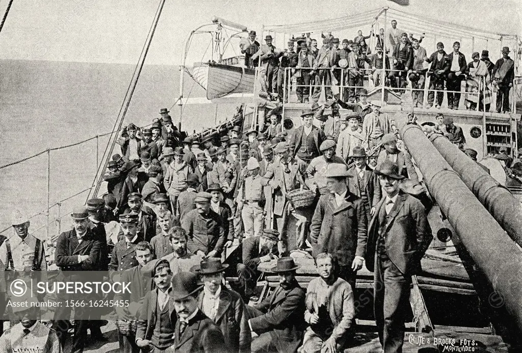 Boarding of Spanish volunteers on the steamboat San Francisco to go to the war in Cuba 1895. Montevideo, Uruguay. From La Ilustracion Española y Ameri...