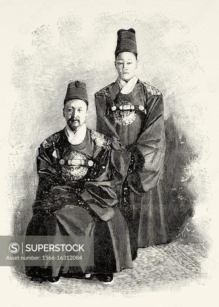 Portrait of Sunjong and his son. Emperor Yunghui (1874 - 1926), was the last emperor of the Joseon dynasty and of the Korean Empire in Korea, ruling f...