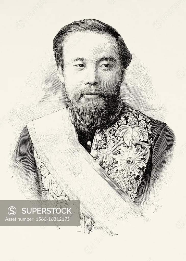 Portrait of Portrait of Prince Ito Hirobumi (1841-1909), Japan's first minister from 1885 to 1888. Japan. Old XIX century engraved illustration from L...