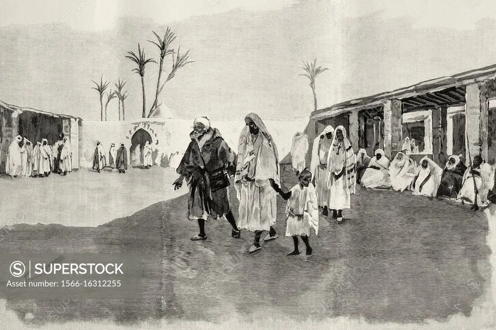 The slave market in Marrakech, Morocco. Old XIX century engraved illustration from La Ilustracion Española y Americana 1894.