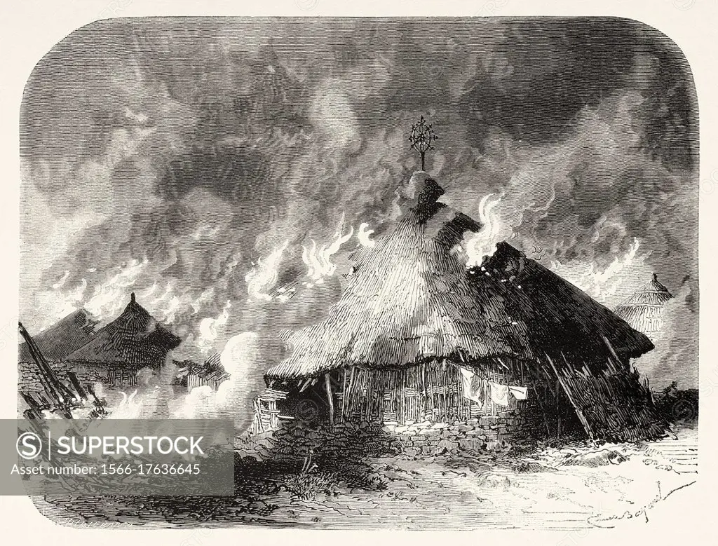 Magdala Fortress burning after being set fire to by the British army after the Battle on Mount Fahla, Ethiopia. Old 19th century engraved, Narrative o...