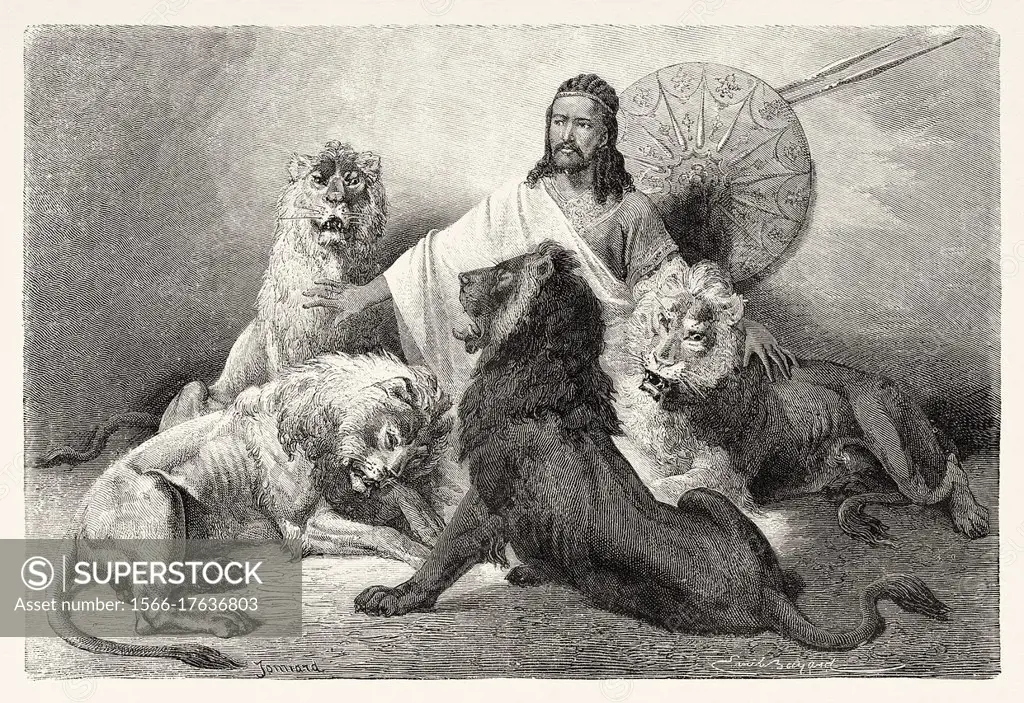 Tewodros II. Tewodros holding audience surrounded by lions. Theodore II c 1818 to 1868, Emperor of Ethiopia. Old 19th century engraved, Narrative of a...