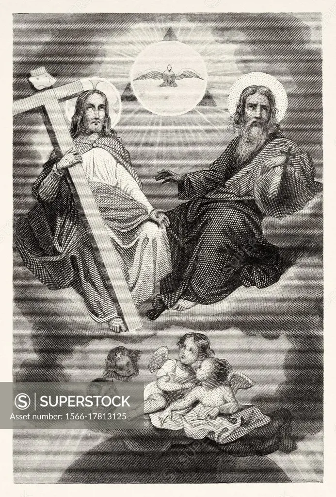 The Holy Trinity above the clouds. God as an old man, Christ with the cross and the Holy Spirit on them in the form of a dove. Holy Trinity in which G...