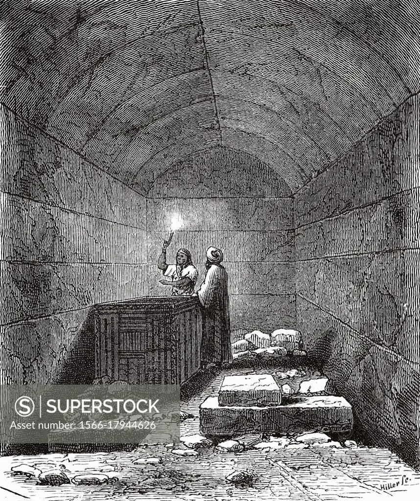 Men-Ka-Ra Tomb Chamber. Ancient Egypt History. Old 19th century engraved illustration from El Mundo Ilustrado 1879.