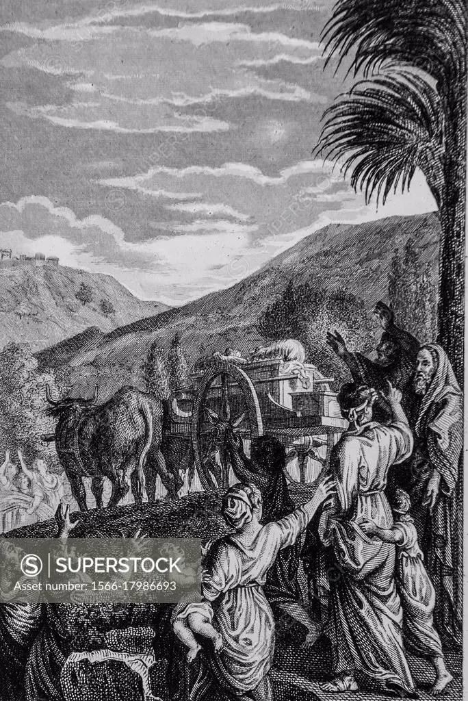 the philistines send back the ark, old testament, the bible by the master of sacy, publisher guiraudet and jouaust 1836.