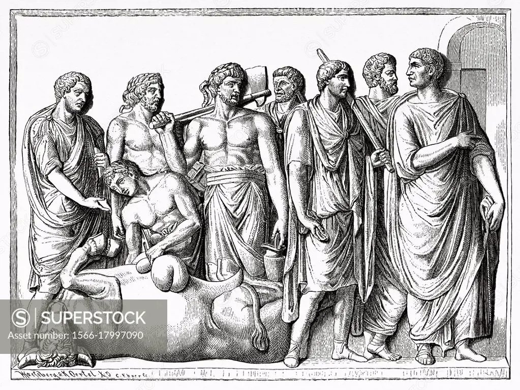 Haruspex. Priest who in ancient Rome religion predicted the future by observing the appearance of the entrails of sacrificed animals, Ancient roman em...