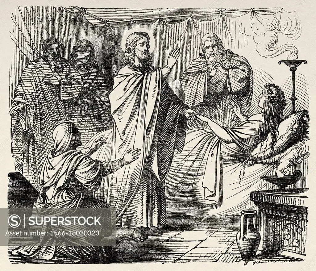 The daughter of Jairus. Our Lord Jesus resurrects Jairus daughter. Luke book, New Testament, Old 19th century engraved illustration from History of th...