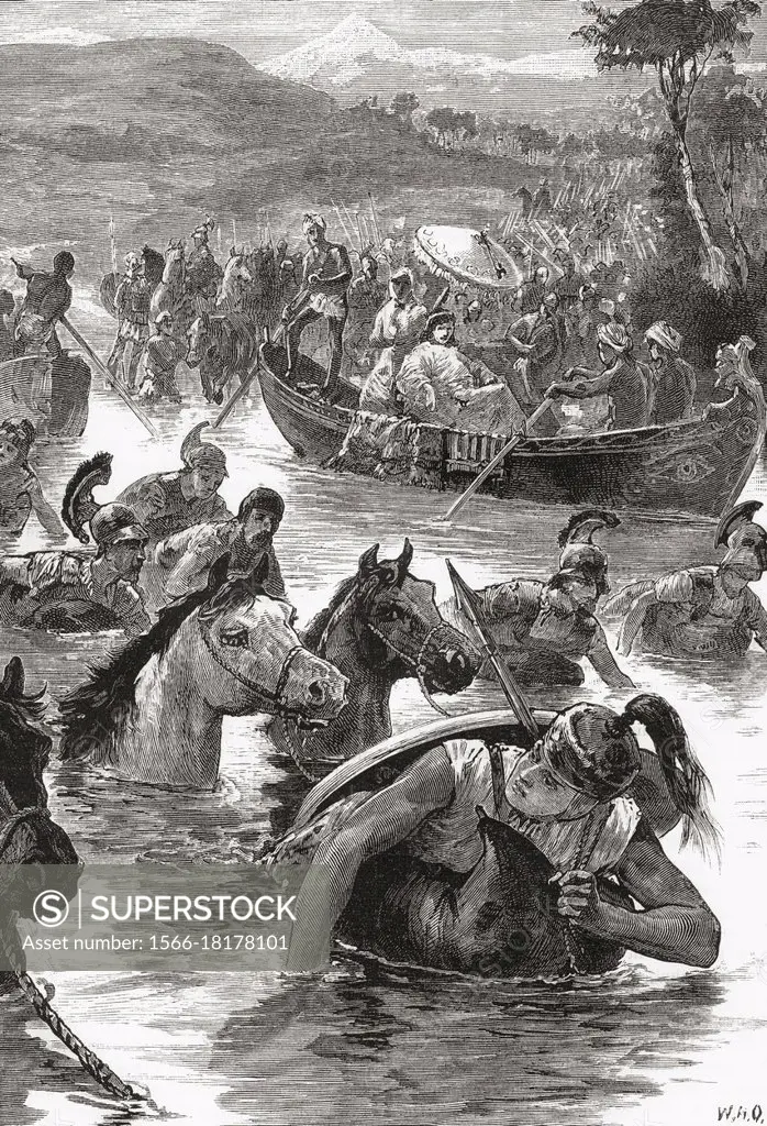 The Macedonians of Alexander the Great crossing the Jaxartes or Syr Darya river, at The Battle of Jaxartes, 329 BC. From Cassell's Universal History, ...