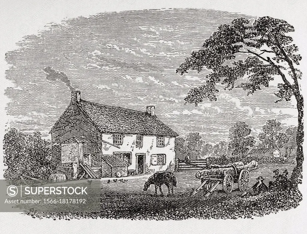 George Stephenson's Birthplace. An 18th-century stone cottage home of George Stephenson, Wylam, Northumberland, England, seen here in the 19th century...