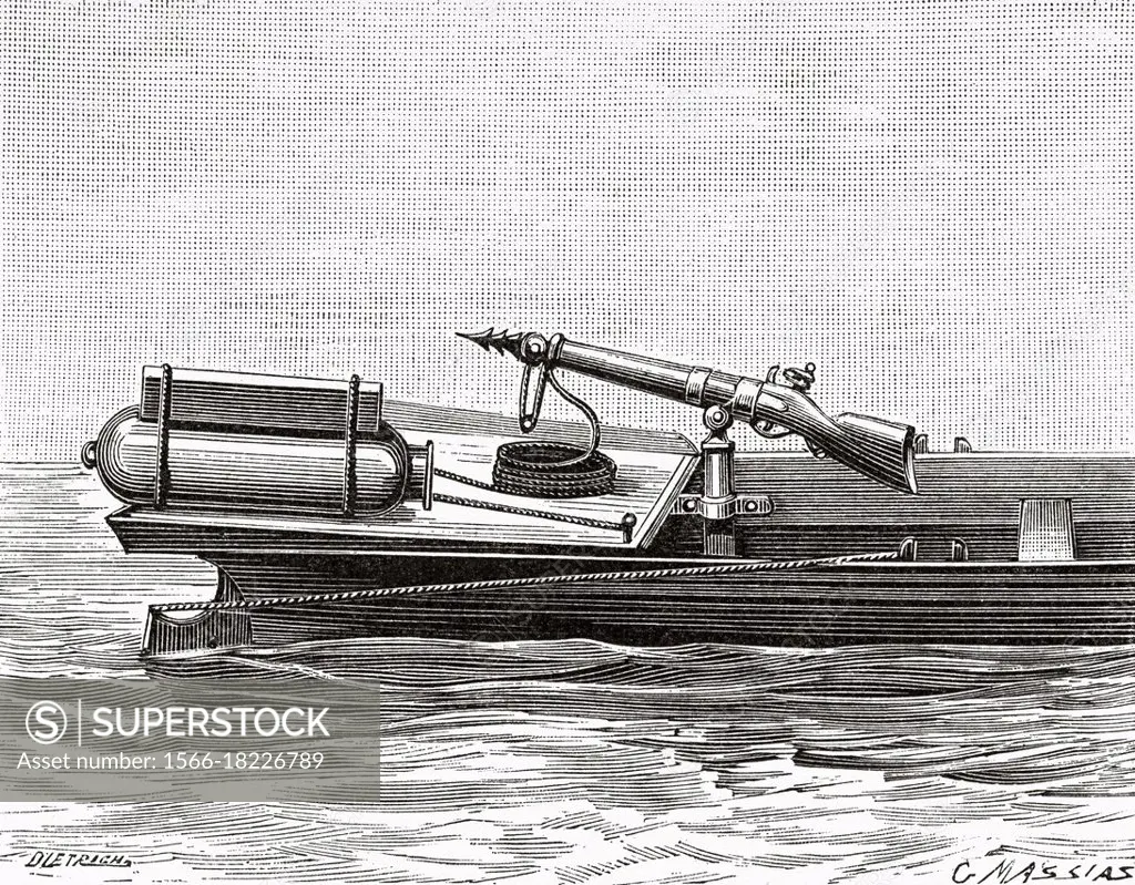 A torpedo boat prepared for attack. Old 19th century engraved illustration from La Nature 1893.