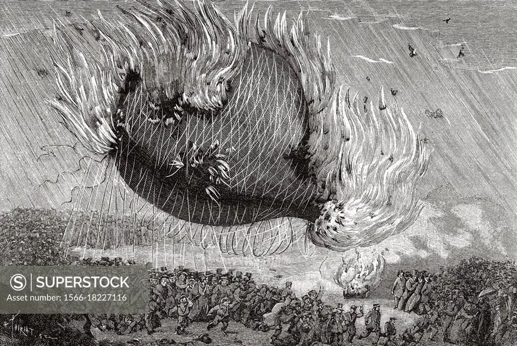 Combustion of an Eugene Godard aerostat in Gratz on May 25, 1853. France. Old 19th century engraved illustration from La Nature 1893.