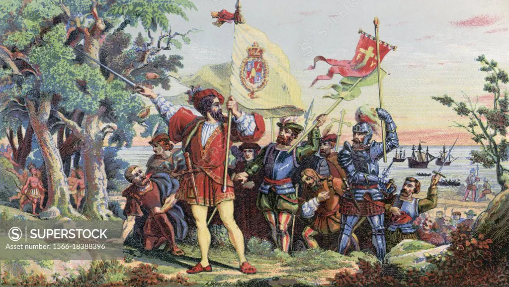 Italian explorer Christopher Columbus and his crew land at San Salvador on October 12, 1492. It is thought that San Salvador is the modern Watling. ....