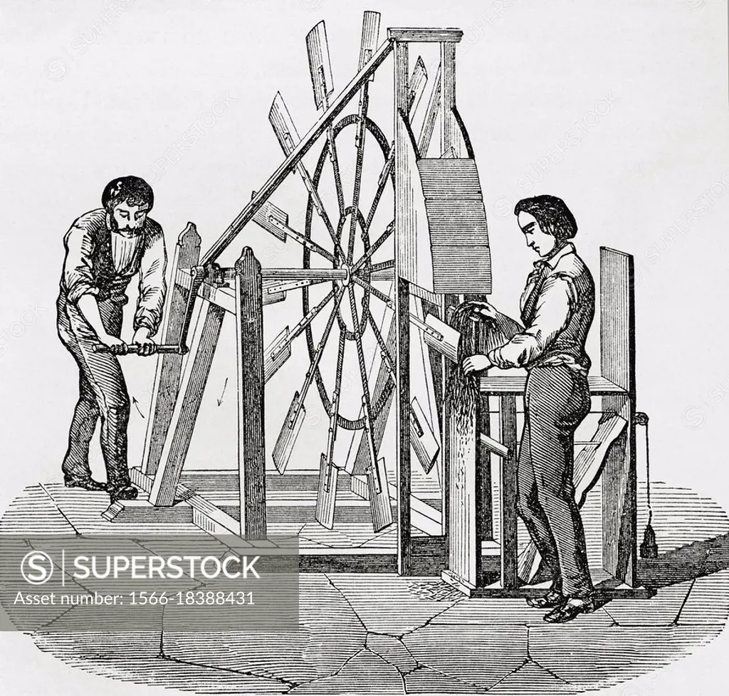 Workers using a hemp and flax scutching machine, scutching is the process used to clean cotton of its seeds and other impurities. From Le Savant du Fo...