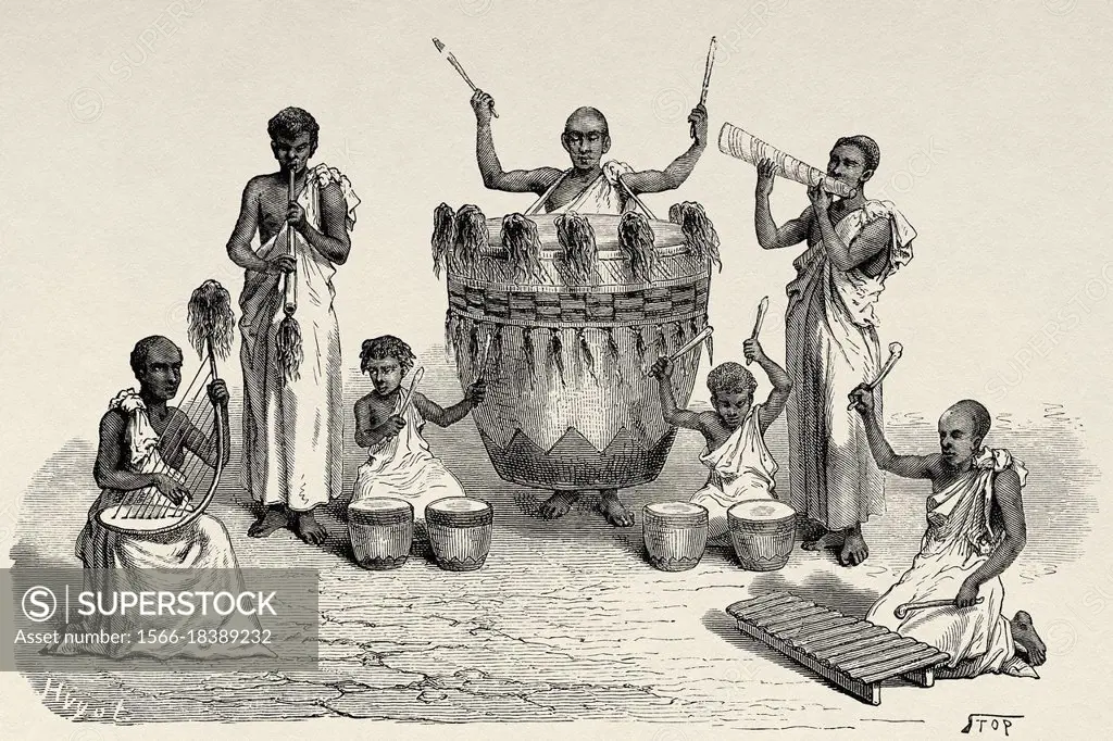 Music concert with native instruments of the tribe of black Galla inhabitants of the banks of the Nile, Ethiopia. Old 19th century engraved illustrati...