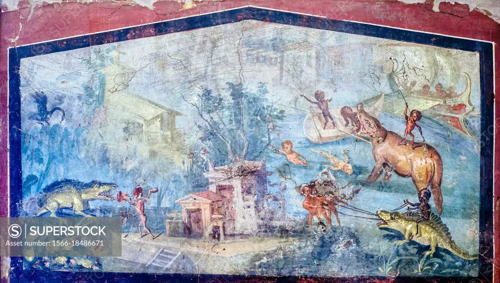 Nilotic landscape. Along the banks of the Nile a hippopotamus, dukcs and crocodiles between huts of rushes and palm trees. fresco. Herculaneum 30-50 A...