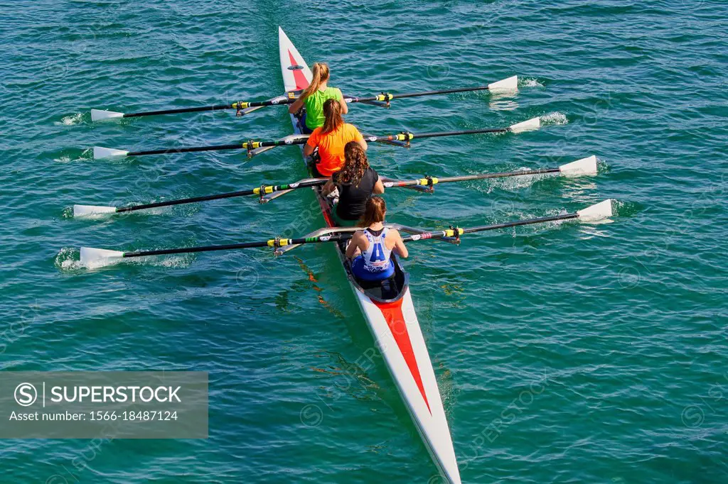 Rowers, Urumea River, Donostia, San Sebastian, Basque Country, Spain, Europe. Rowing is an exercise in which the whole body is involved. Allows the en...