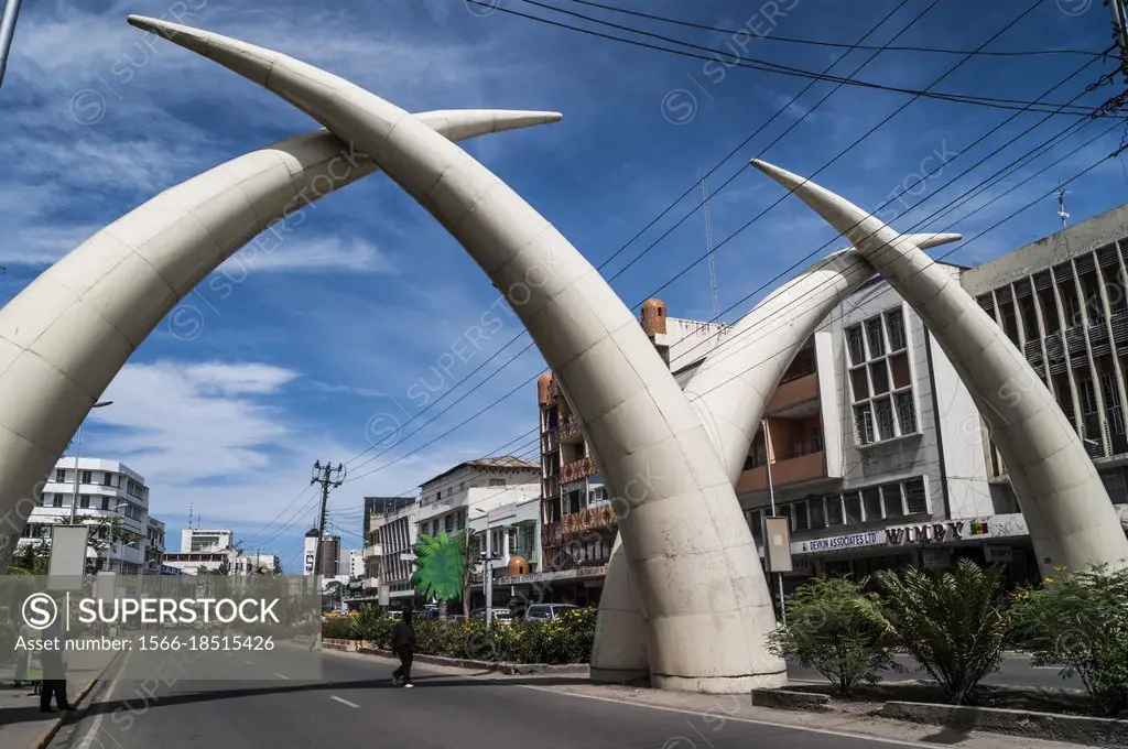 Mombasa tusks. White aluminum elephant tusks grace Moi Avenue forming symbolic arches. Mombasa, Kenya, Africa.